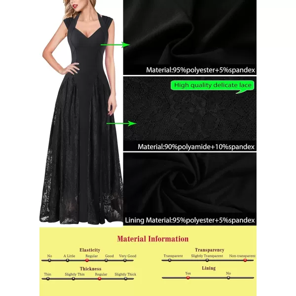 VFSHOW Womens V Neck Halter Celebrity Pleated Shoulder Patchwork ALine Formal Evening Gown Wedding Prom Maxi DressBlack  Lace