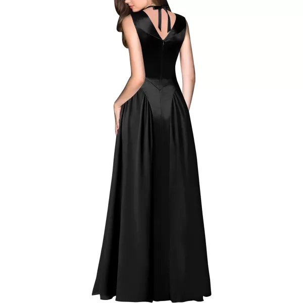 VFSHOW Womens V Neck Halter Celebrity Pleated Shoulder Patchwork ALine Formal Evening Gown Wedding Prom Maxi DressBlack Satin  Chiffon