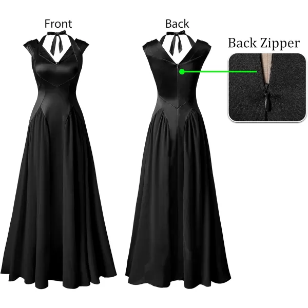 VFSHOW Womens V Neck Halter Celebrity Pleated Shoulder Patchwork ALine Formal Evening Gown Wedding Prom Maxi DressBlack Satin  Chiffon