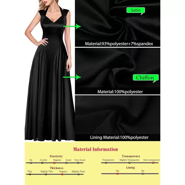 VFSHOW Womens V Neck Halter Celebrity Pleated Shoulder Patchwork ALine Formal Evening Gown Wedding Prom Maxi DressBlack Satin  Chiffon