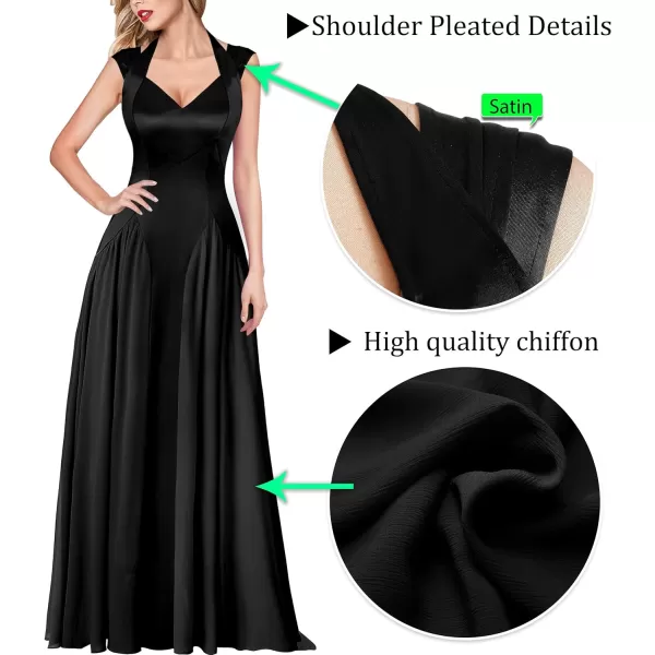 VFSHOW Womens V Neck Halter Celebrity Pleated Shoulder Patchwork ALine Formal Evening Gown Wedding Prom Maxi DressBlack Satin  Chiffon