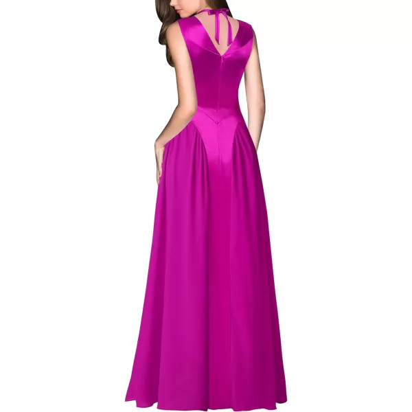 VFSHOW Womens V Neck Halter Celebrity Pleated Shoulder Patchwork ALine Formal Evening Gown Wedding Prom Maxi DressHot Pink Satin  Chiffon