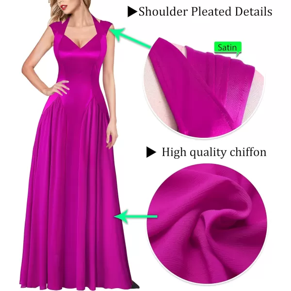 VFSHOW Womens V Neck Halter Celebrity Pleated Shoulder Patchwork ALine Formal Evening Gown Wedding Prom Maxi DressHot Pink Satin  Chiffon