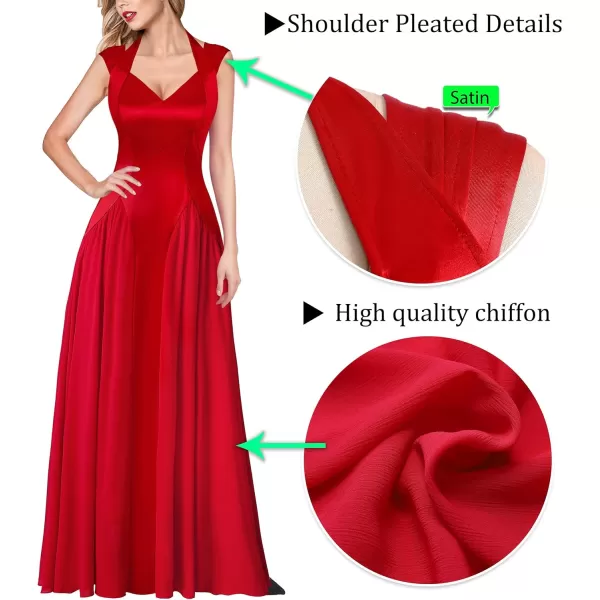 VFSHOW Womens V Neck Halter Celebrity Pleated Shoulder Patchwork ALine Formal Evening Gown Wedding Prom Maxi DressRed Satin  Chiffon