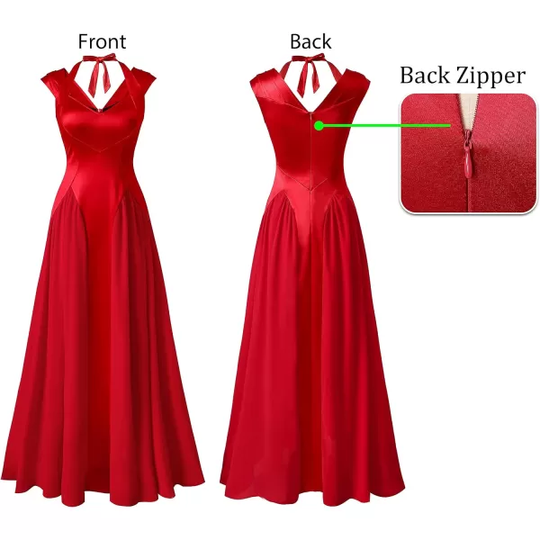 VFSHOW Womens V Neck Halter Celebrity Pleated Shoulder Patchwork ALine Formal Evening Gown Wedding Prom Maxi DressRed Satin  Chiffon