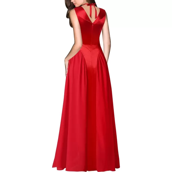 VFSHOW Womens V Neck Halter Celebrity Pleated Shoulder Patchwork ALine Formal Evening Gown Wedding Prom Maxi DressRed Satin  Chiffon