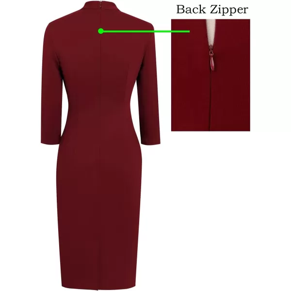 VFSHOW Womens Vintage 1950s Tie Neck Pockets Slim Cocktail Party Bodycon Pencil DressDark Red V Neck With Ties