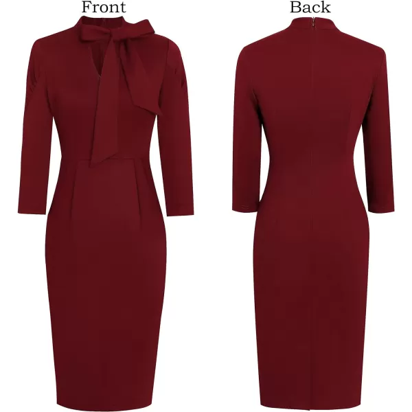 VFSHOW Womens Vintage 1950s Tie Neck Pockets Slim Cocktail Party Bodycon Pencil DressDark Red V Neck With Ties