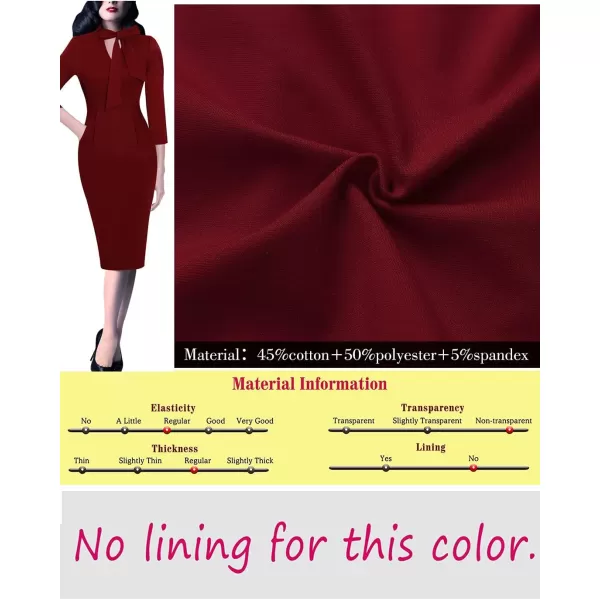 VFSHOW Womens Vintage 1950s Tie Neck Pockets Slim Cocktail Party Bodycon Pencil DressDark Red V Neck With Ties