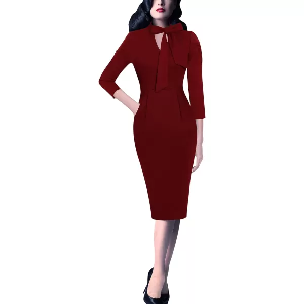 VFSHOW Womens Vintage 1950s Tie Neck Pockets Slim Cocktail Party Bodycon Pencil DressDark Red V Neck With Ties