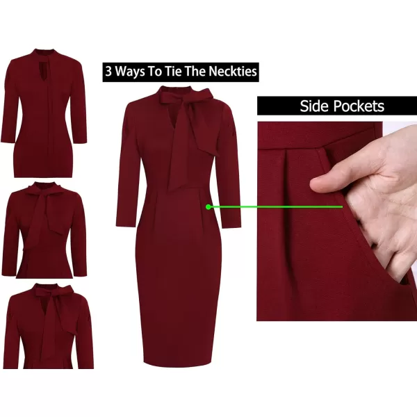 VFSHOW Womens Vintage 1950s Tie Neck Pockets Slim Cocktail Party Bodycon Pencil DressDark Red V Neck With Ties