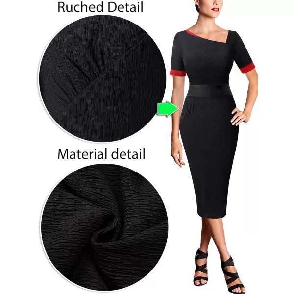 VFSHOW Womens Vintage Asymmetrical Neck Work Business Party Sheath DressBlack and Red2