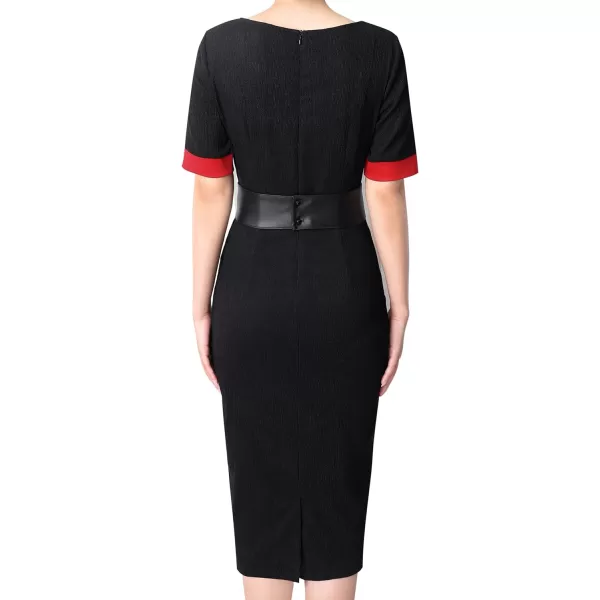 VFSHOW Womens Vintage Asymmetrical Neck Work Business Party Sheath DressBlack and Red2