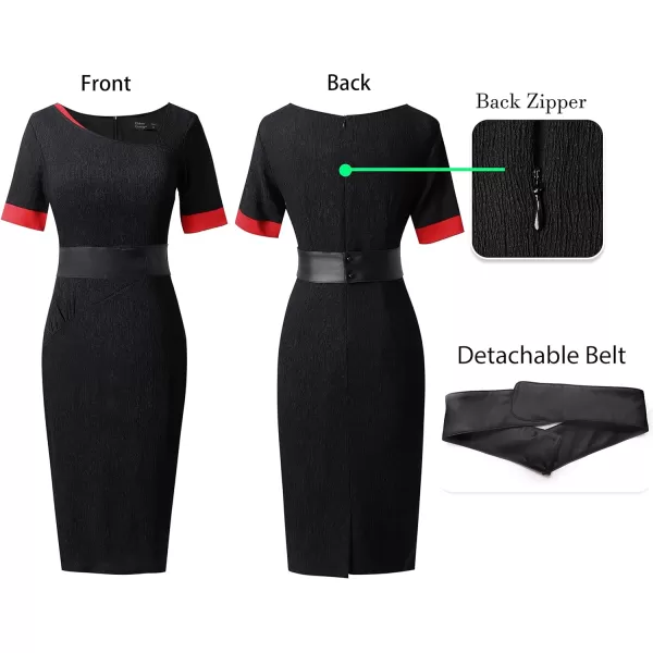 VFSHOW Womens Vintage Asymmetrical Neck Work Business Party Sheath DressBlack and Red2
