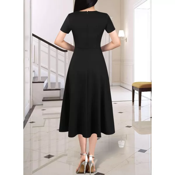 VFSHOW Womens Vintage Retro Buttons Business Work Office ALine Midi Square Neck Slim Professional Career Fit and Flare DressBlack2