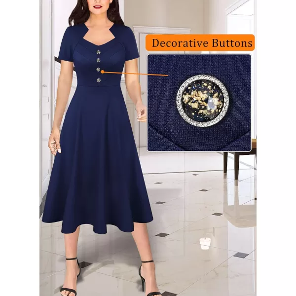 VFSHOW Womens Vintage Retro Buttons Business Work Office ALine Midi Square Neck Slim Professional Career Fit and Flare DressNavy Blue2