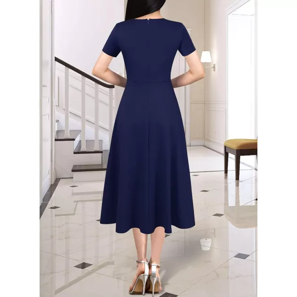 VFSHOW Womens Vintage Retro Buttons Business Work Office ALine Midi Square Neck Slim Professional Career Fit and Flare DressNavy Blue2