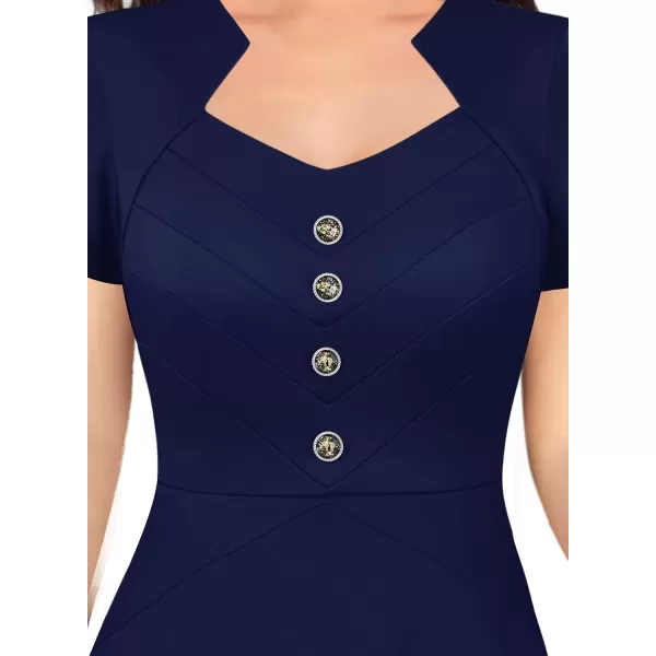 VFSHOW Womens Vintage Retro Buttons Business Work Office ALine Midi Square Neck Slim Professional Career Fit and Flare DressNavy Blue2