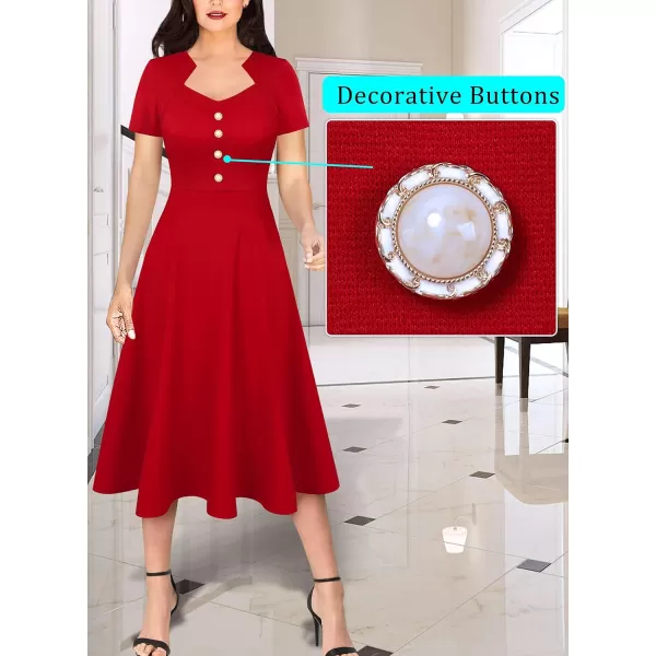 VFSHOW Womens Vintage Retro Buttons Business Work Office ALine Midi Square Neck Slim Professional Career Fit and Flare DressRed2