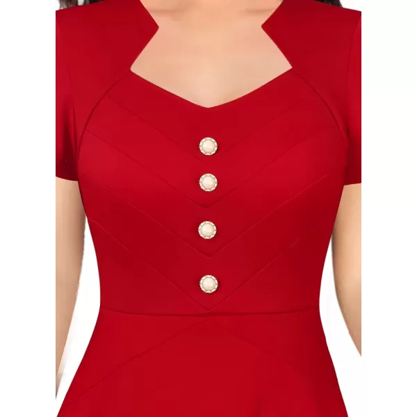 VFSHOW Womens Vintage Retro Buttons Business Work Office ALine Midi Square Neck Slim Professional Career Fit and Flare DressRed2