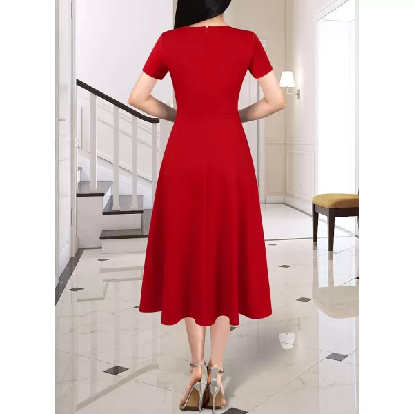 VFSHOW Womens Vintage Retro Buttons Business Work Office ALine Midi Square Neck Slim Professional Career Fit and Flare DressRed2