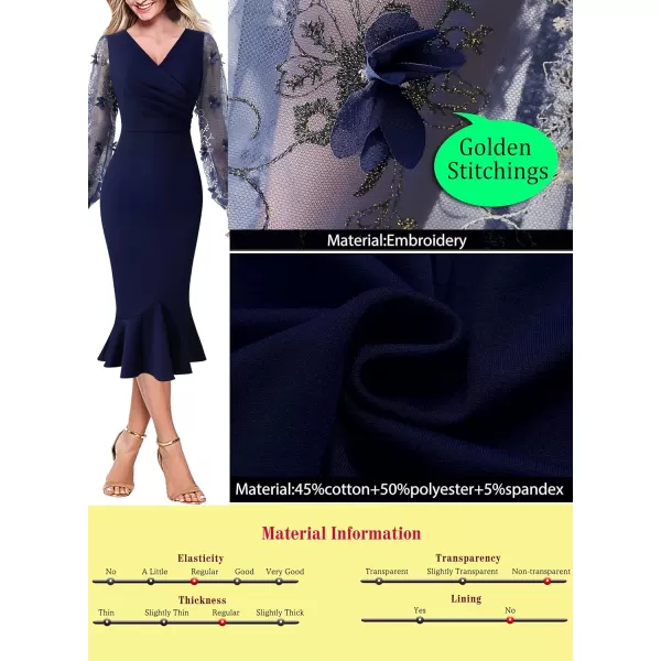 VFSHOW Womens Vintage Retro Cocktail Party Fitted Bodycon Pencil Mermaid Midi DressNavy Bluebishop Sleeve