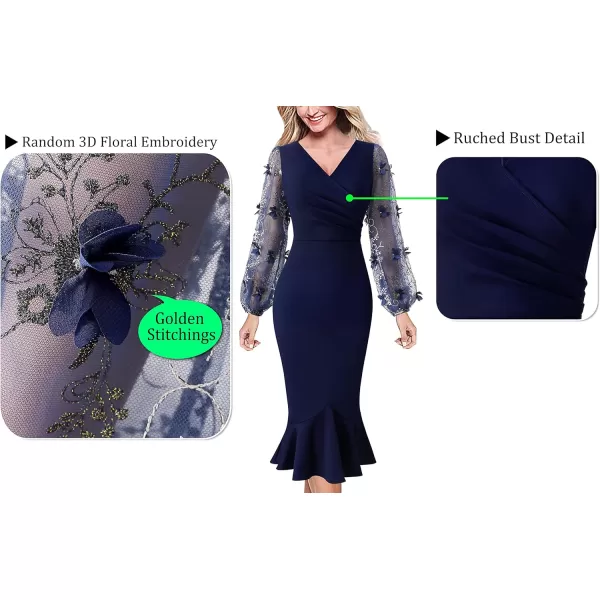 VFSHOW Womens Vintage Retro Cocktail Party Fitted Bodycon Pencil Mermaid Midi DressNavy Bluebishop Sleeve