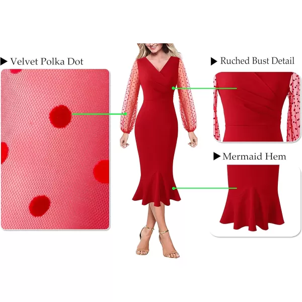 VFSHOW Womens Vintage Retro Cocktail Party Fitted Bodycon Pencil Mermaid Midi DressRed2