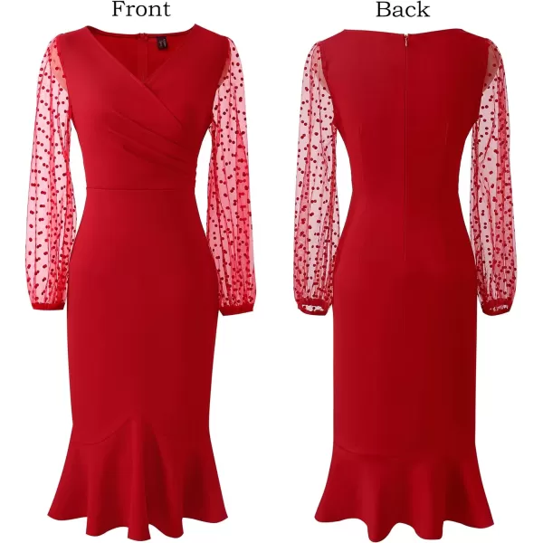 VFSHOW Womens Vintage Retro Cocktail Party Fitted Bodycon Pencil Mermaid Midi DressRed2