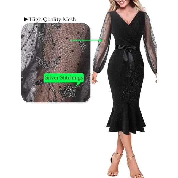 VFSHOW Womens Vintage Retro Cocktail Party Fitted Bodycon Pencil Mermaid Midi DressShiny Blacktie Waist