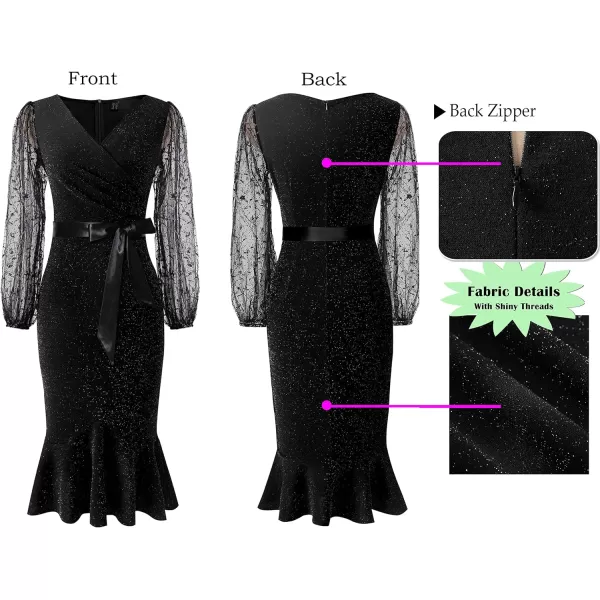 VFSHOW Womens Vintage Retro Cocktail Party Fitted Bodycon Pencil Mermaid Midi DressShiny Blacktie Waist