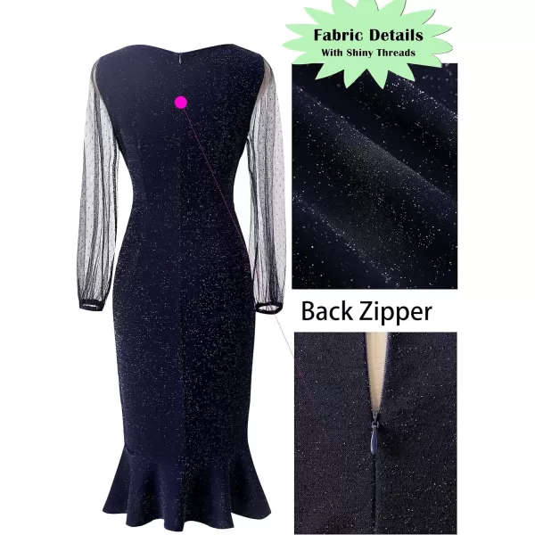 VFSHOW Womens Vintage Retro Cocktail Party Fitted Bodycon Pencil Mermaid Midi DressShiny Bluebishop Sleeve