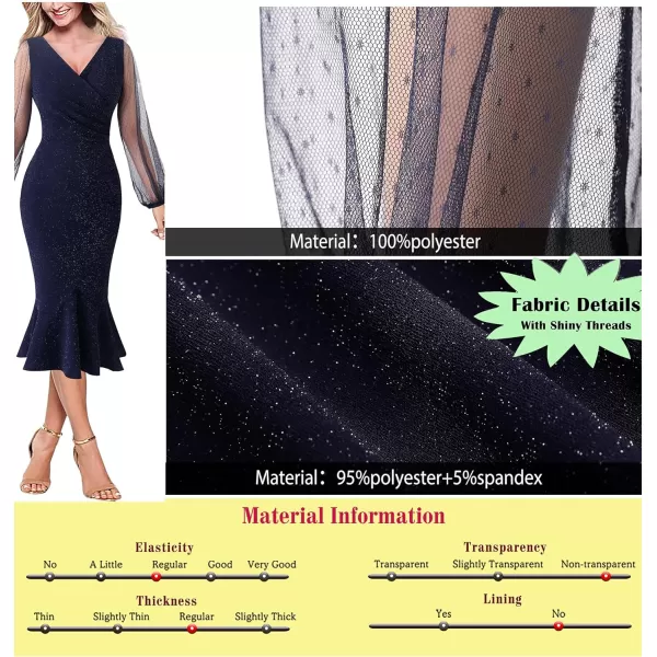 VFSHOW Womens Vintage Retro Cocktail Party Fitted Bodycon Pencil Mermaid Midi DressShiny Bluebishop Sleeve