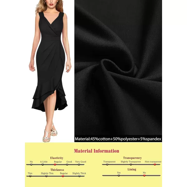 VFSHOW Womens Vintage Ruched Wrap V Neck Cocktail Ruffle Split Mermaid Midi Dress Wedding Guest Bodycon HILO MidCalf DressBlack2