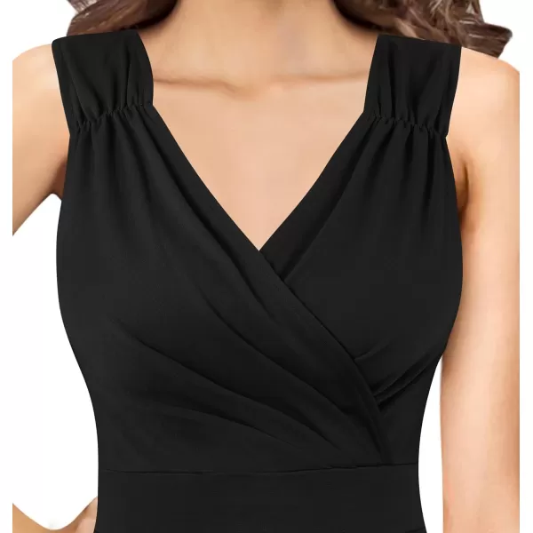 VFSHOW Womens Vintage Ruched Wrap V Neck Cocktail Ruffle Split Mermaid Midi Dress Wedding Guest Bodycon HILO MidCalf DressBlack2