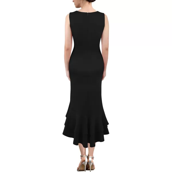 VFSHOW Womens Vintage Ruched Wrap V Neck Cocktail Ruffle Split Mermaid Midi Dress Wedding Guest Bodycon HILO MidCalf DressBlack2