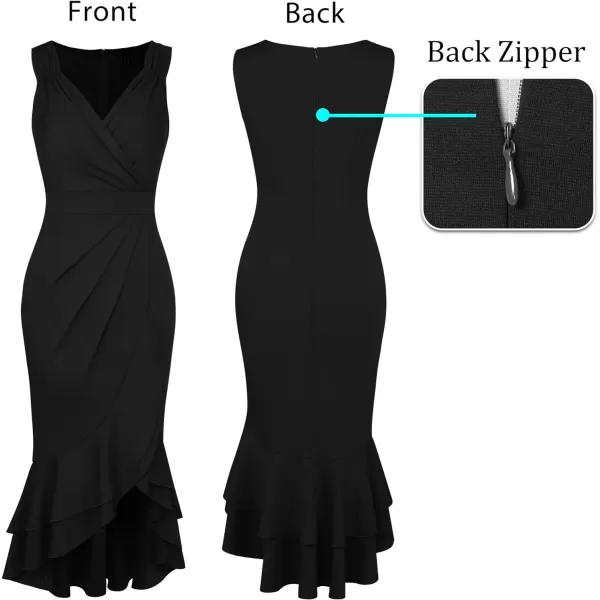 VFSHOW Womens Vintage Ruched Wrap V Neck Cocktail Ruffle Split Mermaid Midi Dress Wedding Guest Bodycon HILO MidCalf DressBlack2