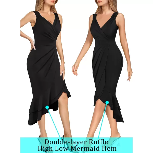 VFSHOW Womens Vintage Ruched Wrap V Neck Cocktail Ruffle Split Mermaid Midi Dress Wedding Guest Bodycon HILO MidCalf DressBlack2