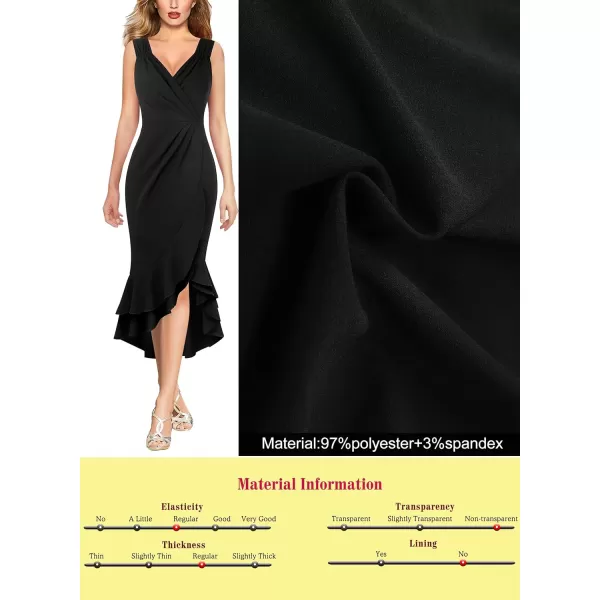 VFSHOW Womens Vintage Ruched Wrap V Neck Cocktail Ruffle Split Mermaid Midi Dress Wedding Guest Bodycon HILO MidCalf DressBlack4