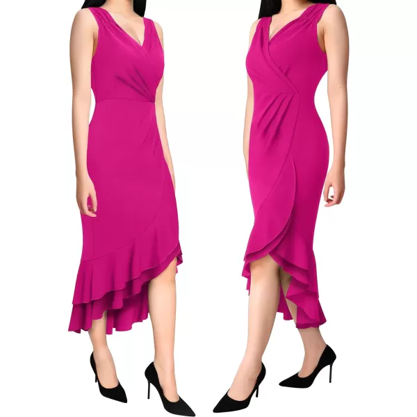 VFSHOW Womens Vintage Ruched Wrap V Neck Cocktail Ruffle Split Mermaid Midi Dress Wedding Guest Bodycon HILO MidCalf DressHot Pink