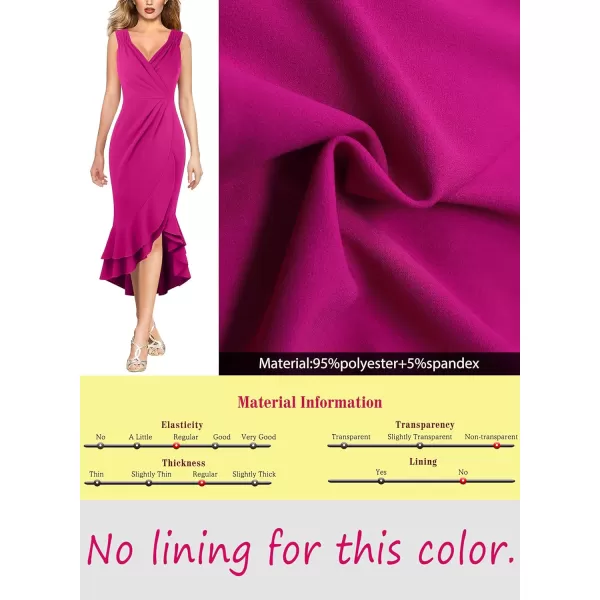 VFSHOW Womens Vintage Ruched Wrap V Neck Cocktail Ruffle Split Mermaid Midi Dress Wedding Guest Bodycon HILO MidCalf DressHot Pink