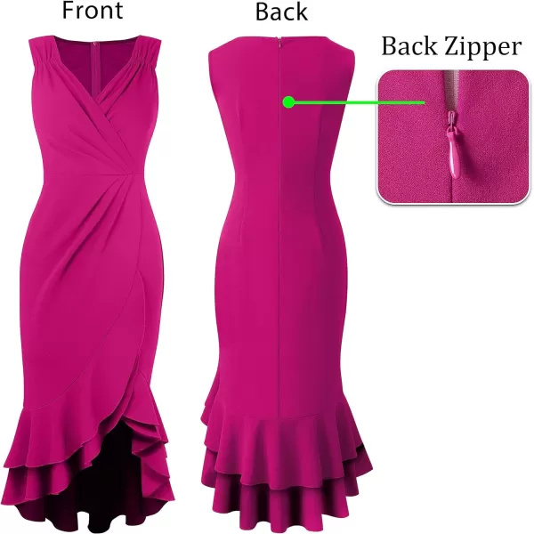 VFSHOW Womens Vintage Ruched Wrap V Neck Cocktail Ruffle Split Mermaid Midi Dress Wedding Guest Bodycon HILO MidCalf DressHot Pink