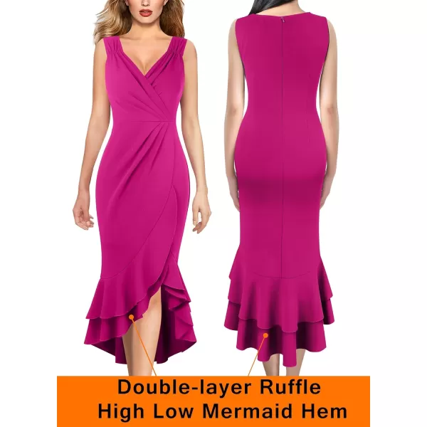 VFSHOW Womens Vintage Ruched Wrap V Neck Cocktail Ruffle Split Mermaid Midi Dress Wedding Guest Bodycon HILO MidCalf DressHot Pink