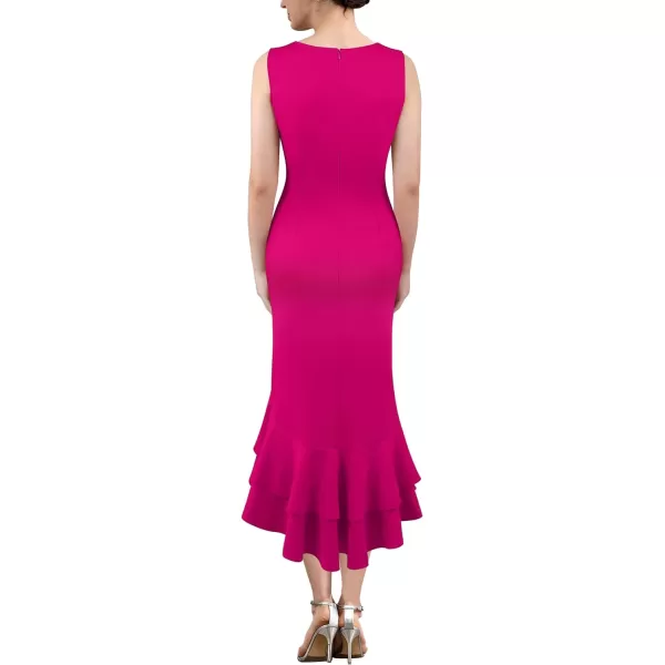 VFSHOW Womens Vintage Ruched Wrap V Neck Cocktail Ruffle Split Mermaid Midi Dress Wedding Guest Bodycon HILO MidCalf DressHot Pink2