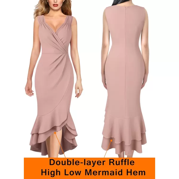 VFSHOW Womens Vintage Ruched Wrap V Neck Cocktail Ruffle Split Mermaid Midi Dress Wedding Guest Bodycon HILO MidCalf DressPink