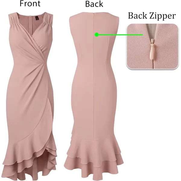 VFSHOW Womens Vintage Ruched Wrap V Neck Cocktail Ruffle Split Mermaid Midi Dress Wedding Guest Bodycon HILO MidCalf DressPink