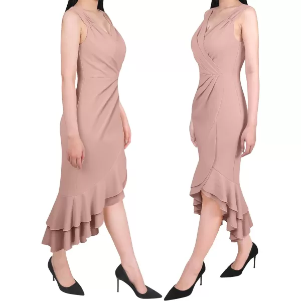 VFSHOW Womens Vintage Ruched Wrap V Neck Cocktail Ruffle Split Mermaid Midi Dress Wedding Guest Bodycon HILO MidCalf DressPink