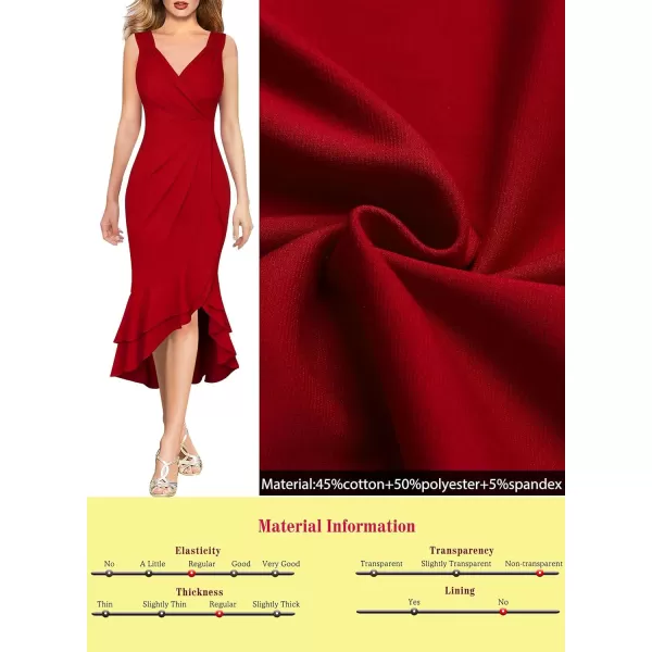 VFSHOW Womens Vintage Ruched Wrap V Neck Cocktail Ruffle Split Mermaid Midi Dress Wedding Guest Bodycon HILO MidCalf DressRed2