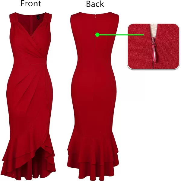 VFSHOW Womens Vintage Ruched Wrap V Neck Cocktail Ruffle Split Mermaid Midi Dress Wedding Guest Bodycon HILO MidCalf DressRed2