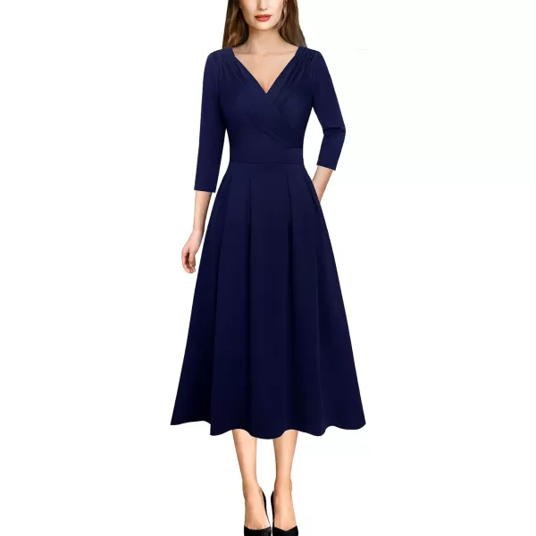 VFSHOW Womens Vintage Ruched Wrap V Neck Pockets Cocktail Party Pleated ALine Midi DressDark Blue